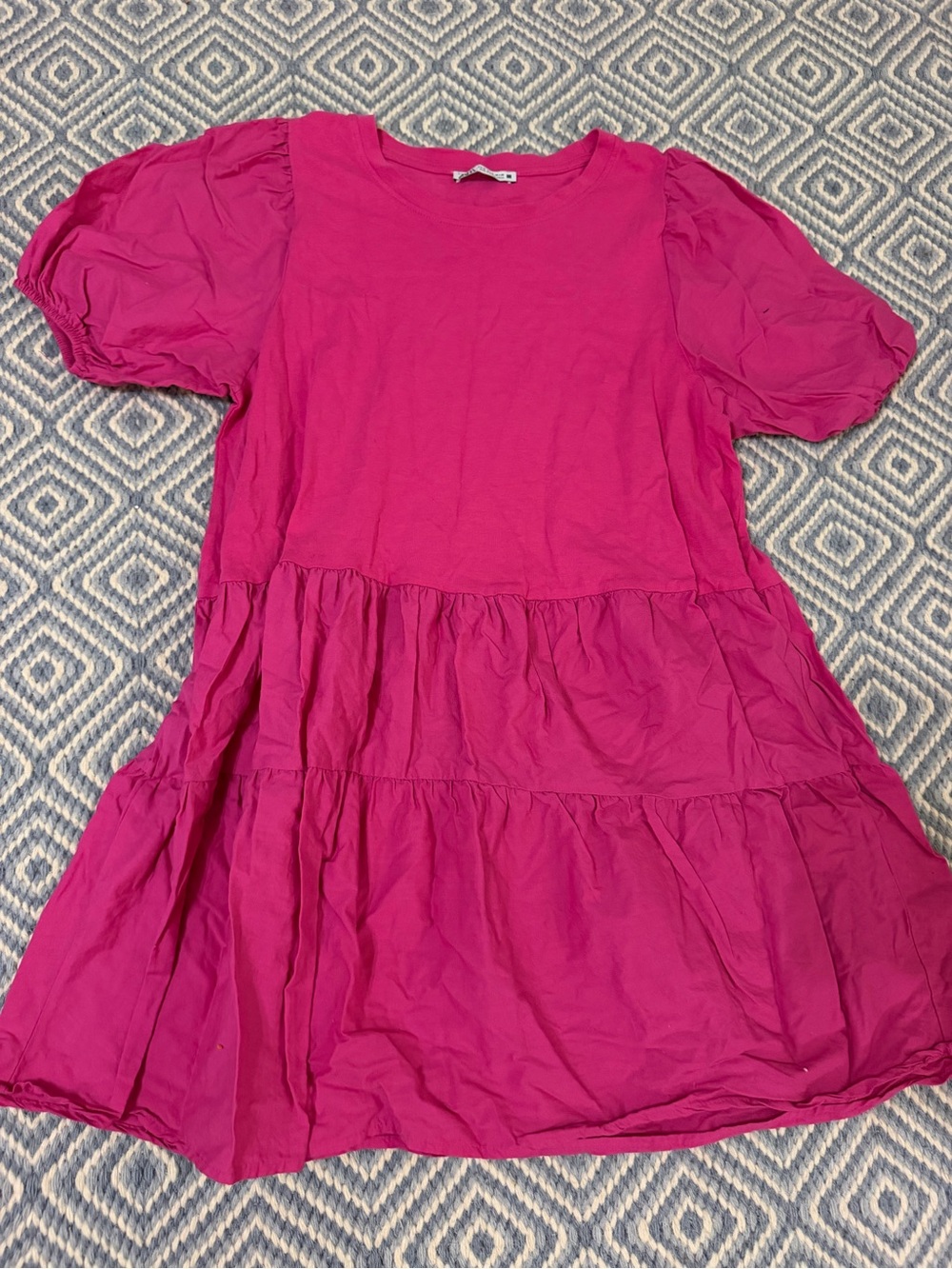 Zara Hot Pink Short Puff Sleeve Tiered Mini Dress
